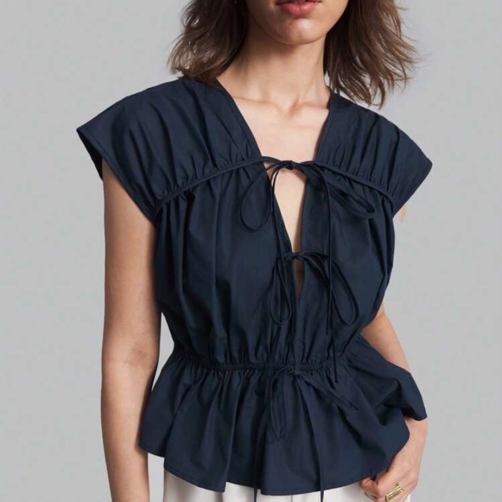 Cotton Ruffle Tie Front Navy Blouse